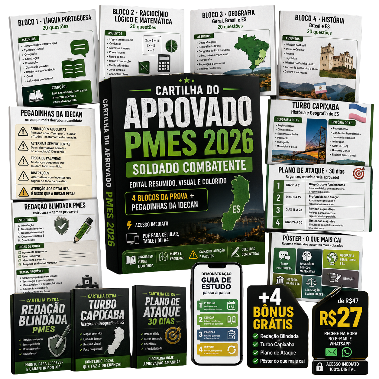 Cartilha do Aprovado PMES 2026 — Soldado Combatente, edital resumido, visual e colorido